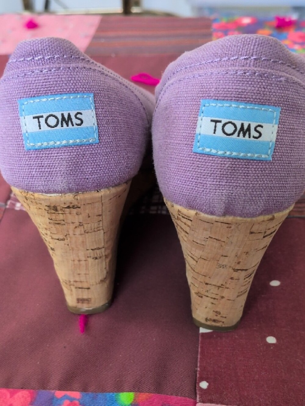 TOMS Lavender Canvas Cork Wedge Peep-Toe Shoes - Picture 6 of 9